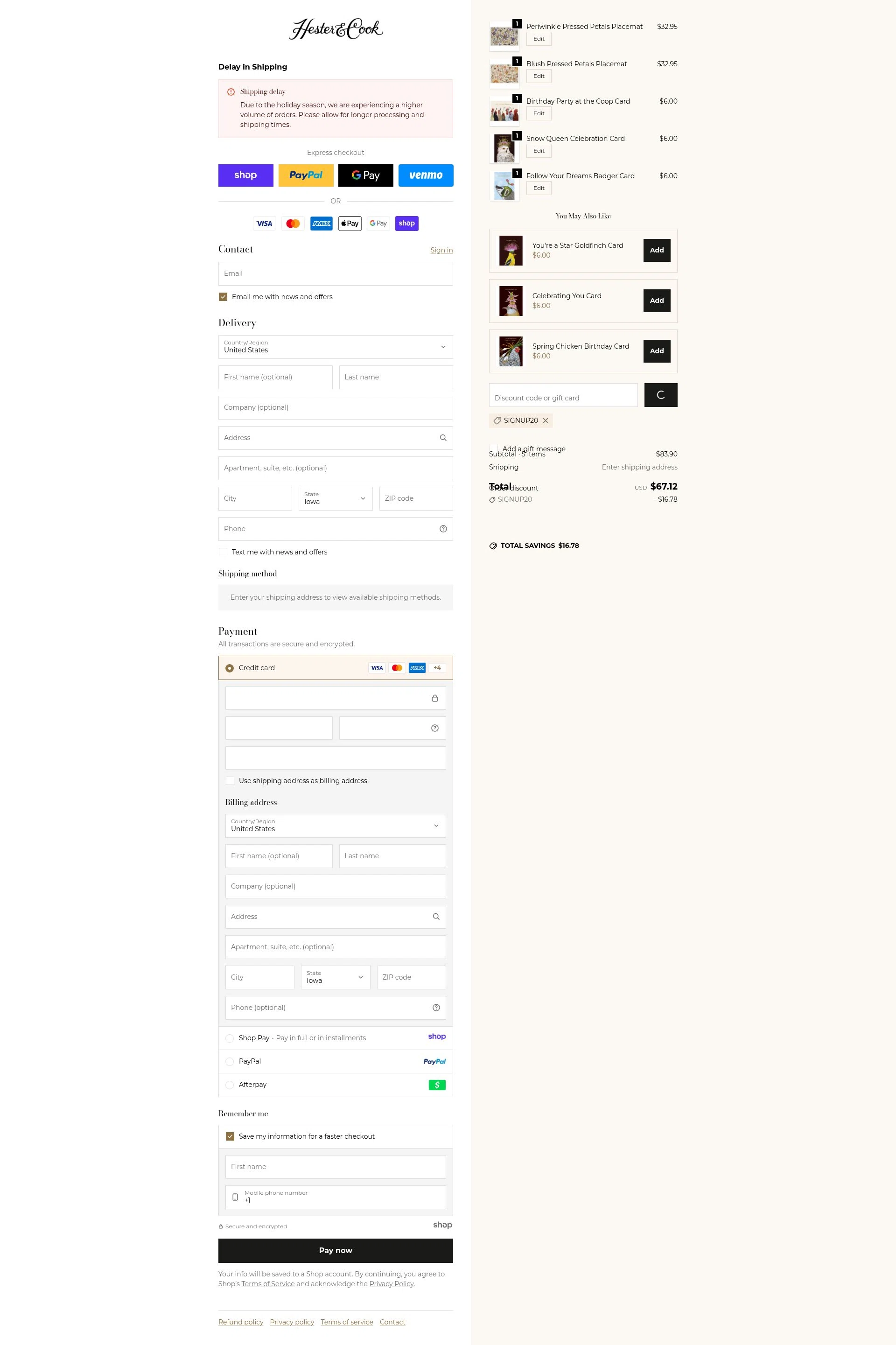 Hester & Cook checkout page showing Hester & Cook promo code box | Screenshot taken by SimplyCodes community member on Jan 12, 2026