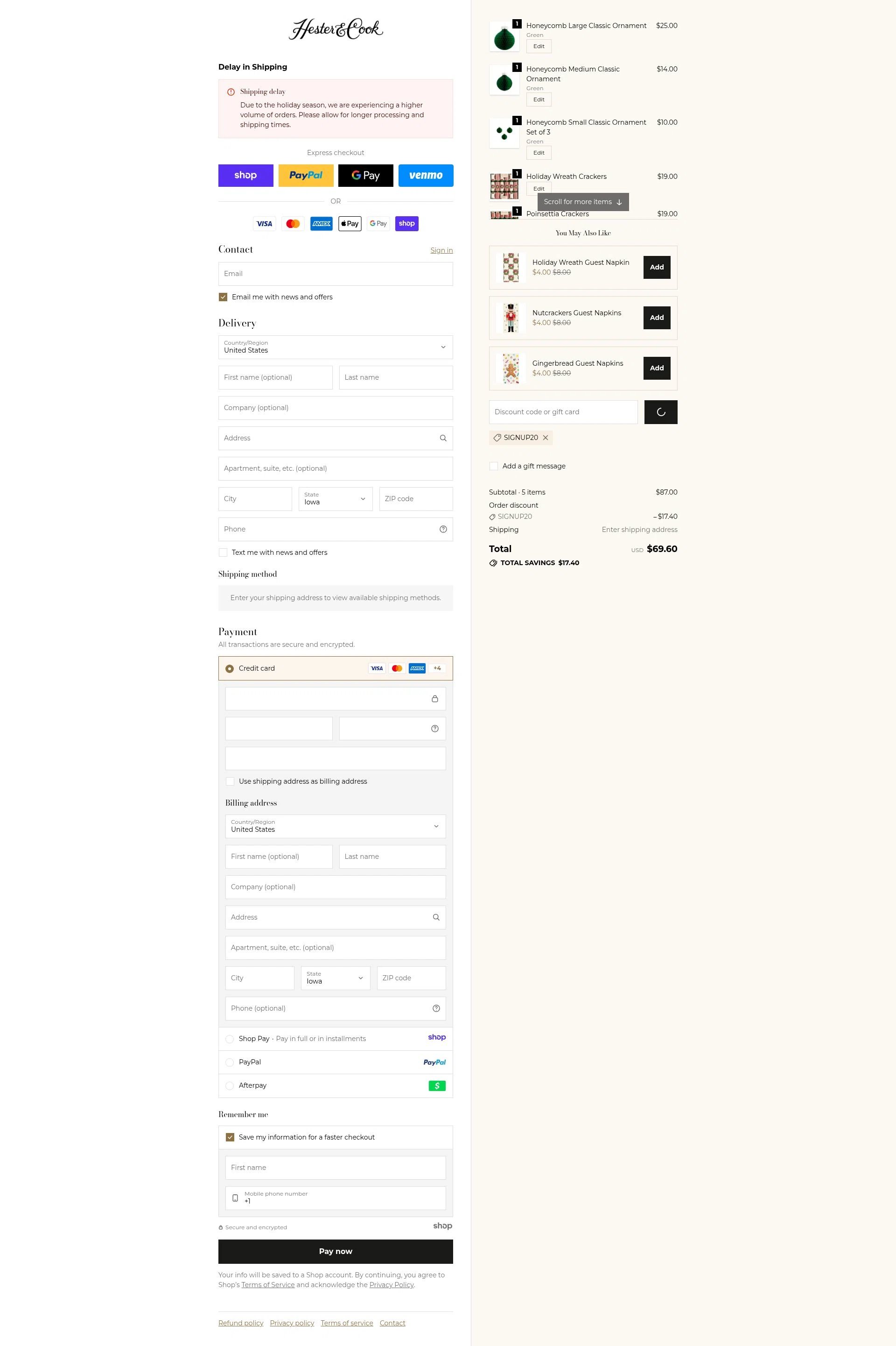Hester & Cook checkout page showing Hester & Cook promo code box | Screenshot taken by SimplyCodes community member on Dec 28, 2025