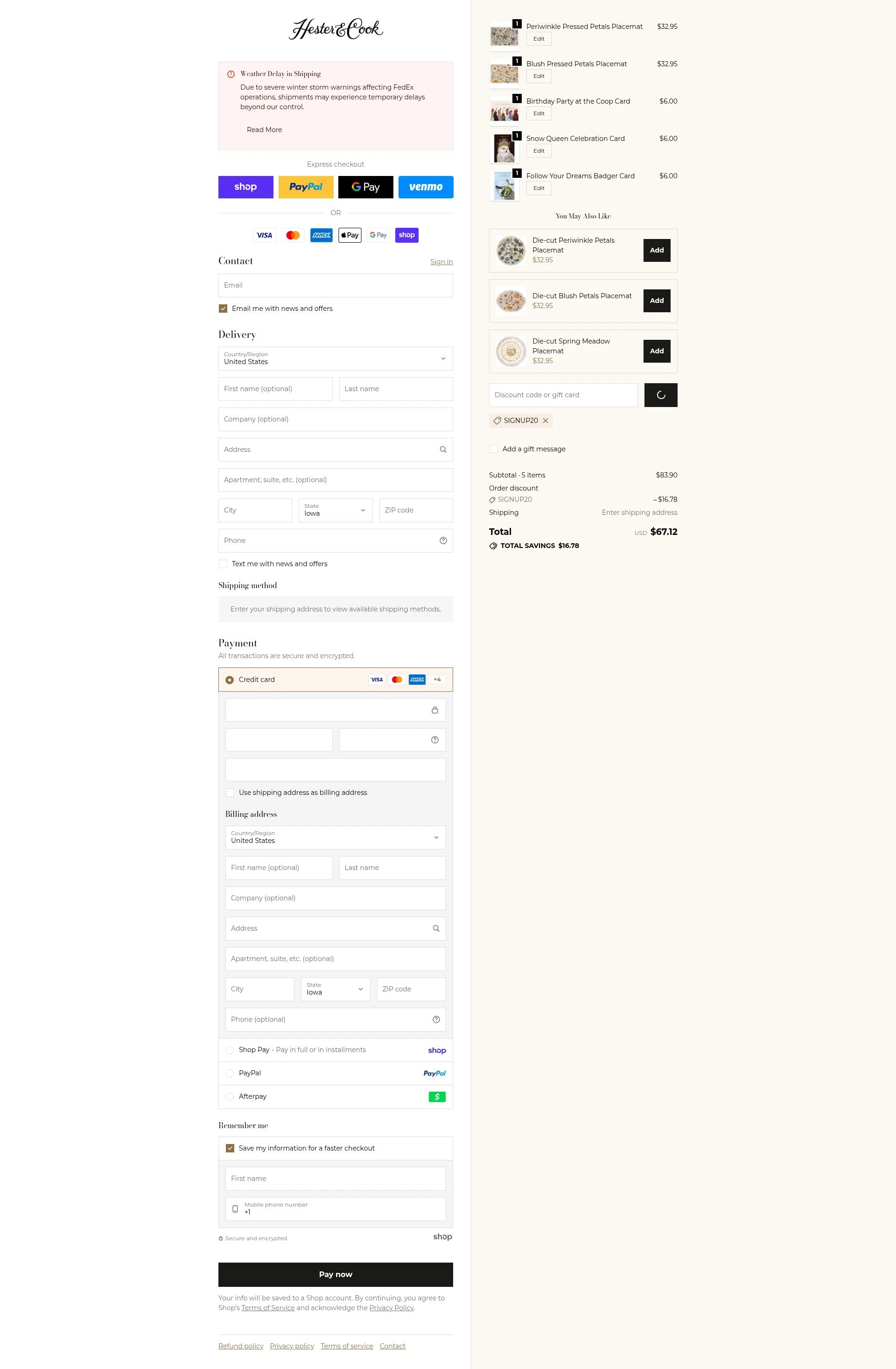 Hester & Cook checkout page showing Hester & Cook promo code box | Screenshot taken by SimplyCodes community member on Jan 26, 2026