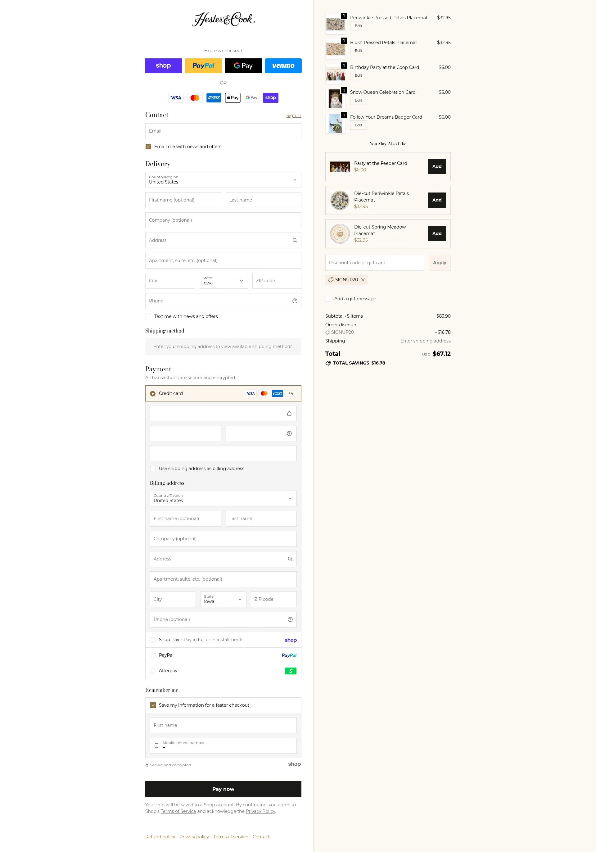 Hester & Cook checkout page showing Hester & Cook promo code box | Screenshot taken by SimplyCodes community member on Jan 22, 2026