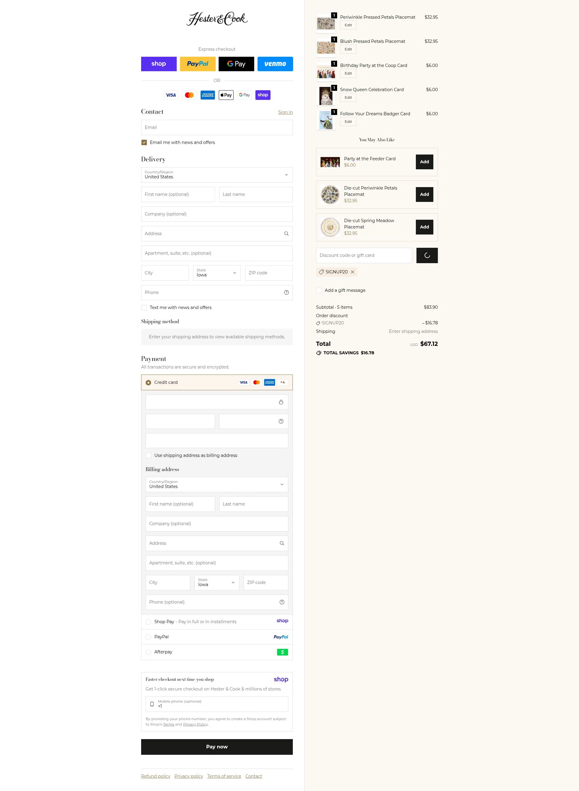 Hester & Cook checkout page showing Hester & Cook promo code box | Screenshot taken by SimplyCodes community member on Jan 17, 2026