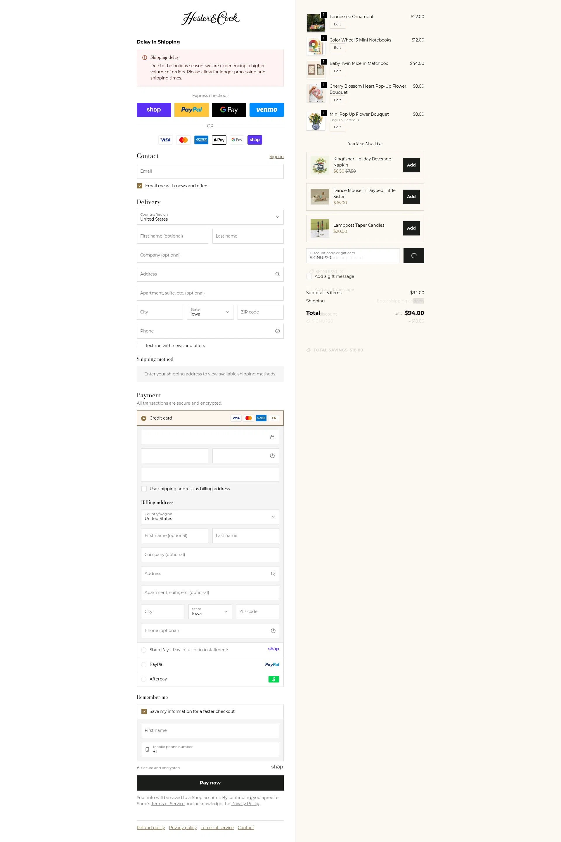 Hester & Cook checkout page showing Hester & Cook promo code box | Screenshot taken by SimplyCodes community member on Dec 23, 2025