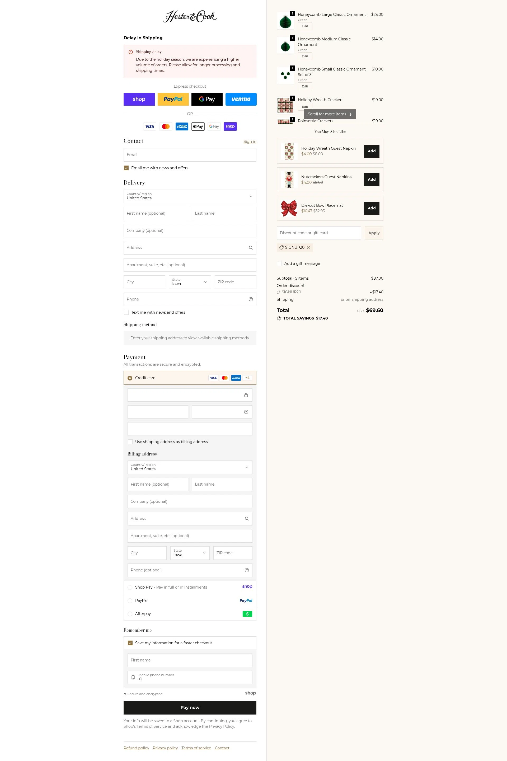 Hester & Cook checkout page showing Hester & Cook promo code box | Screenshot taken by SimplyCodes community member on Jan 2, 2026