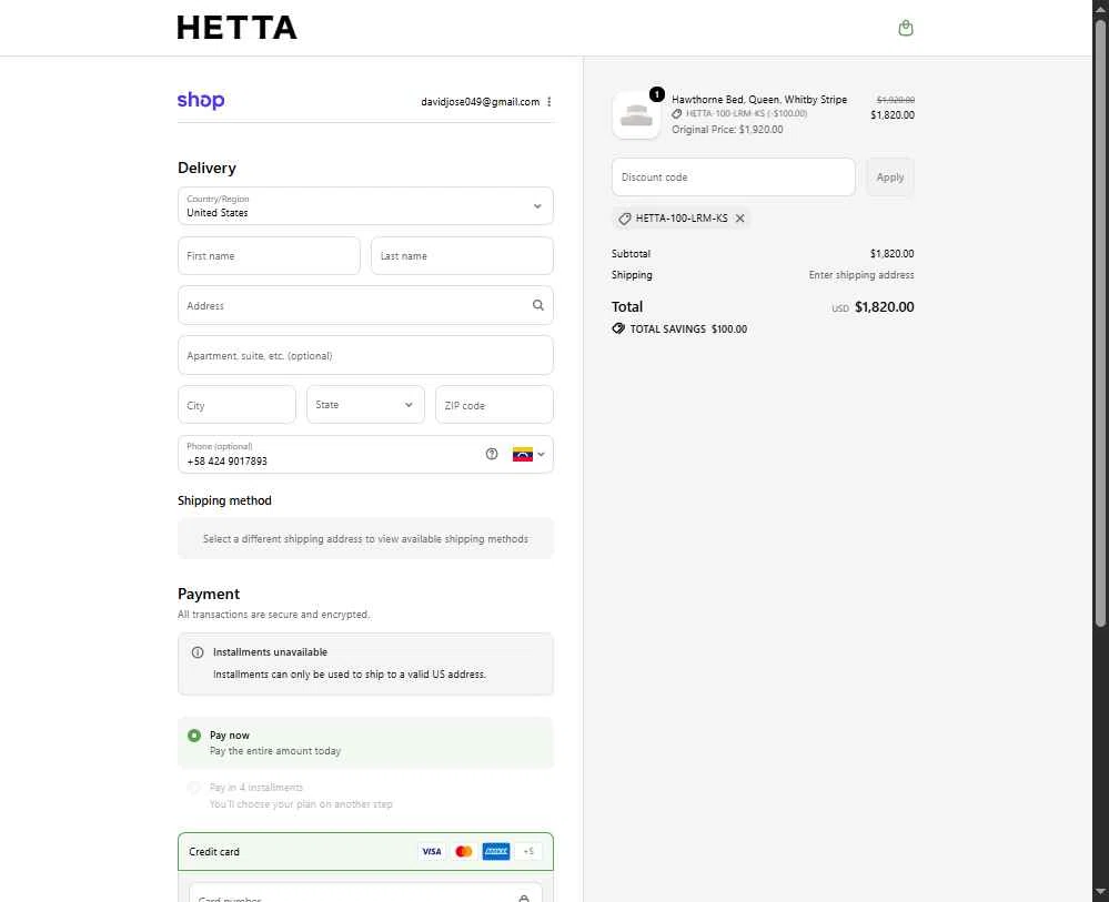 Hetta checkout page showing Hetta promo code box | Screenshot taken by SimplyCodes community member on Dec 8, 2025