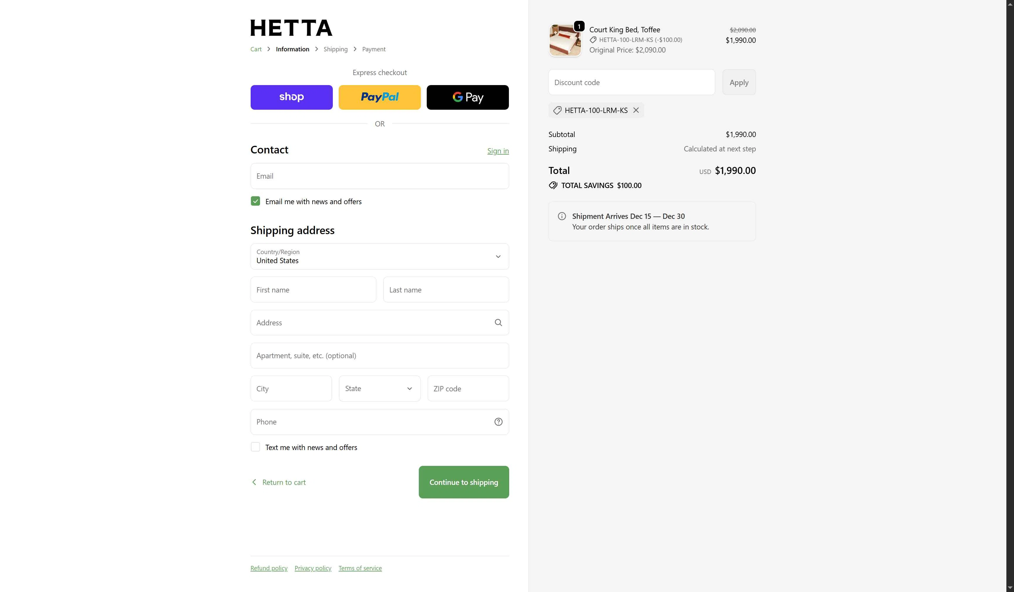 Hetta checkout page showing Hetta promo code box | Screenshot taken by SimplyCodes community member on Nov 9, 2025