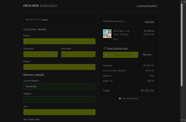 HEVA checkout page showing HEVA promo code box | Screenshot taken by SimplyCodes community member on Jun 3, 2025