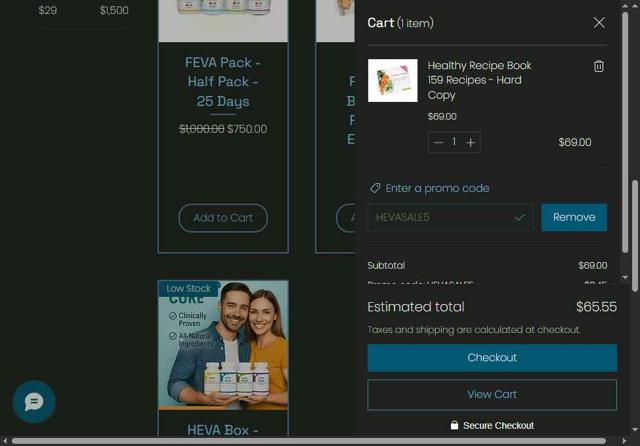 HEVA checkout page showing HEVA promo code box | Screenshot taken by SimplyCodes community member on Aug 21, 2025