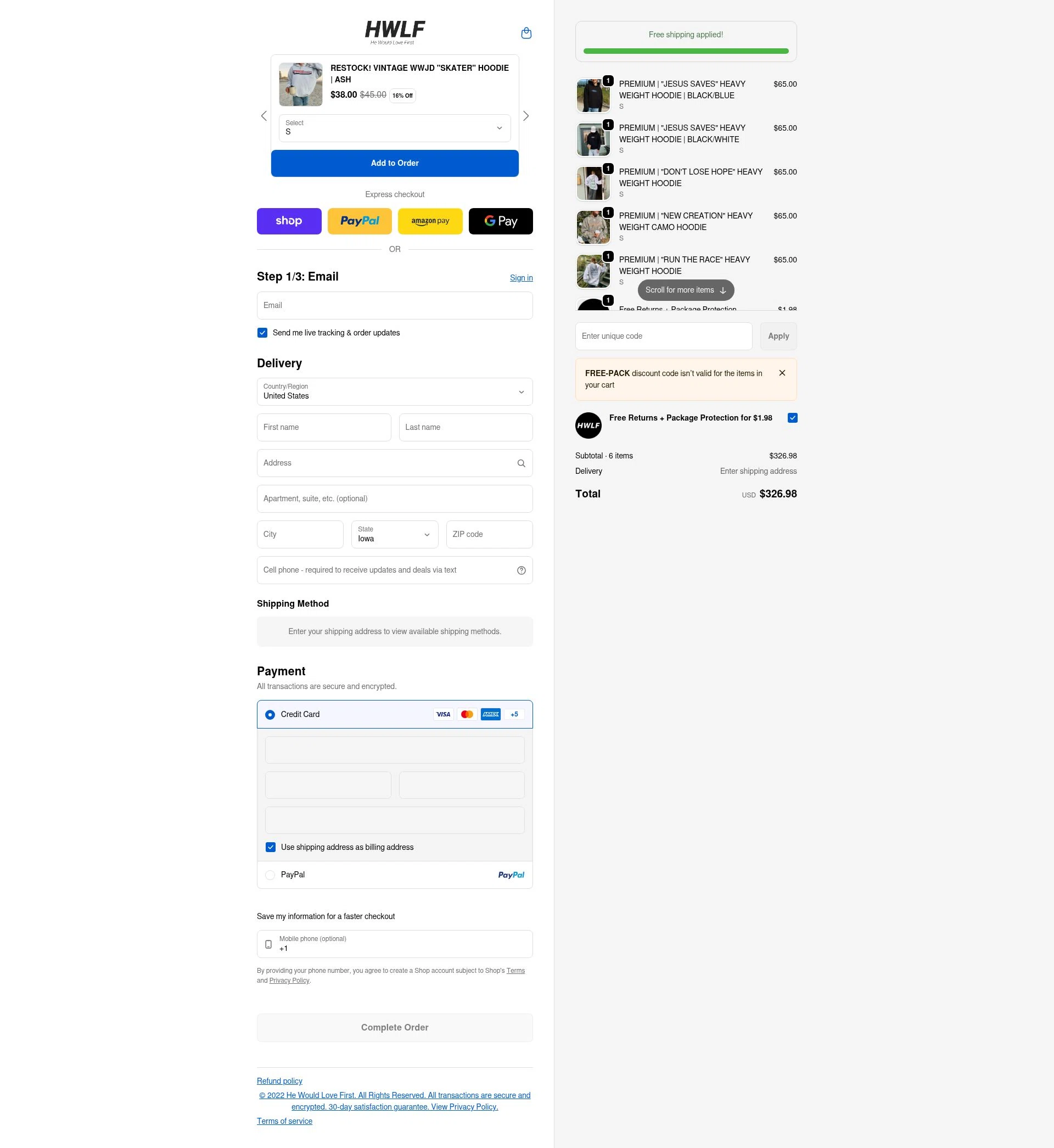 He Would Love First checkout page showing He Would Love First discount code box | Screenshot taken by SimplyCodes community member on Feb 13, 2026