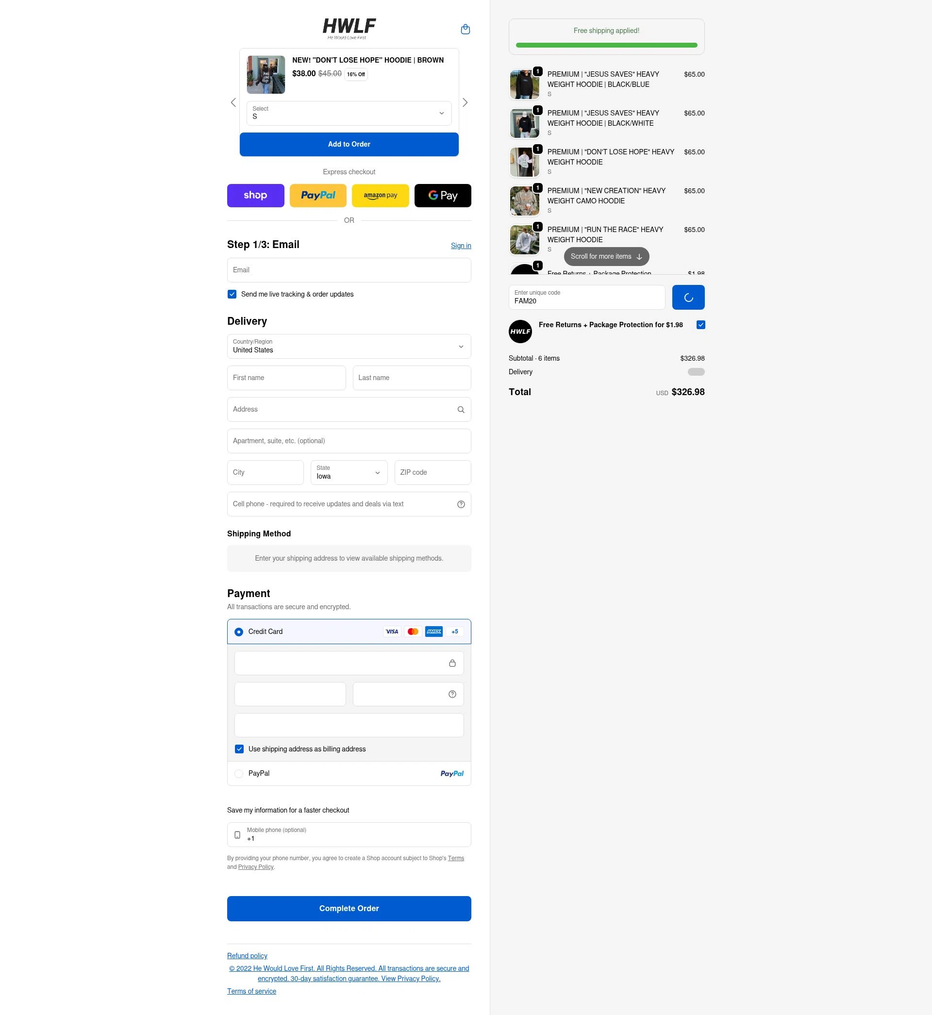 He Would Love First checkout page showing He Would Love First discount code box | Screenshot taken by SimplyCodes community member on Feb 13, 2026