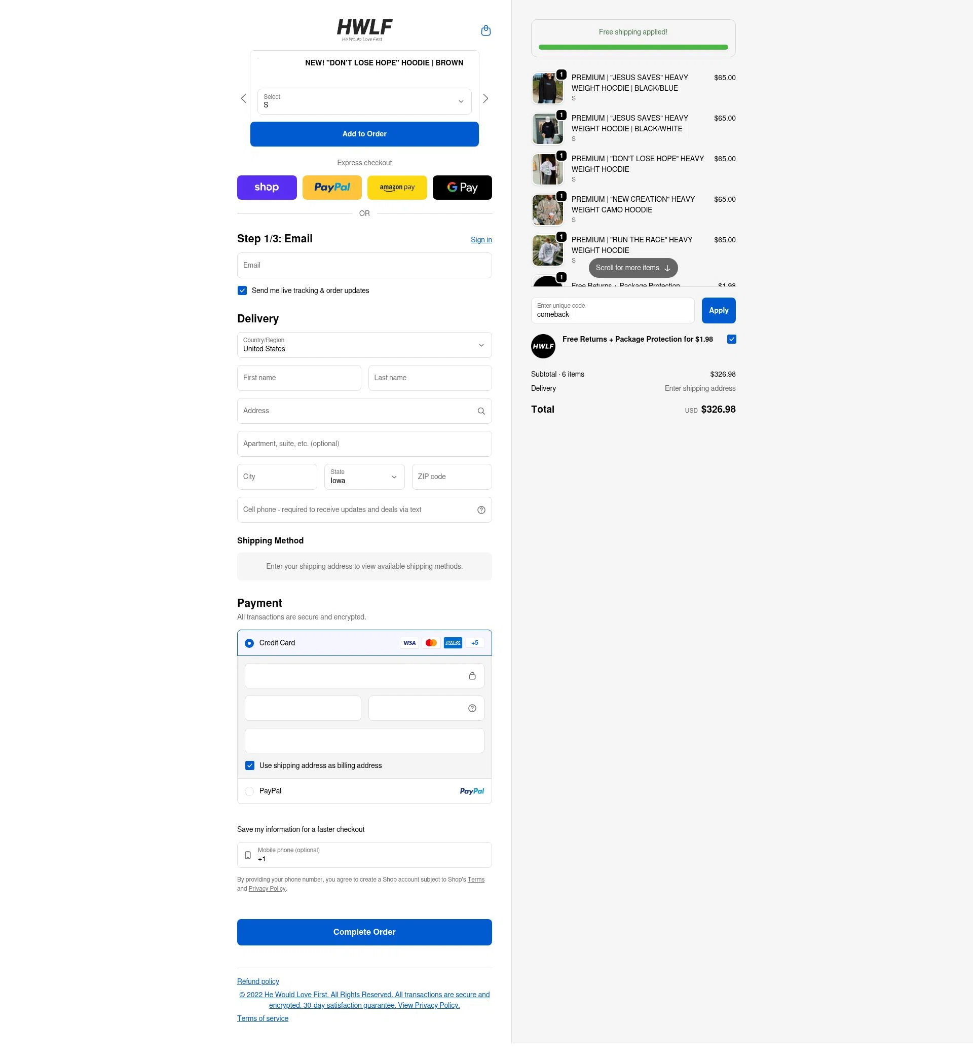 He Would Love First checkout page showing He Would Love First discount code box | Screenshot taken by SimplyCodes community member on Feb 18, 2026