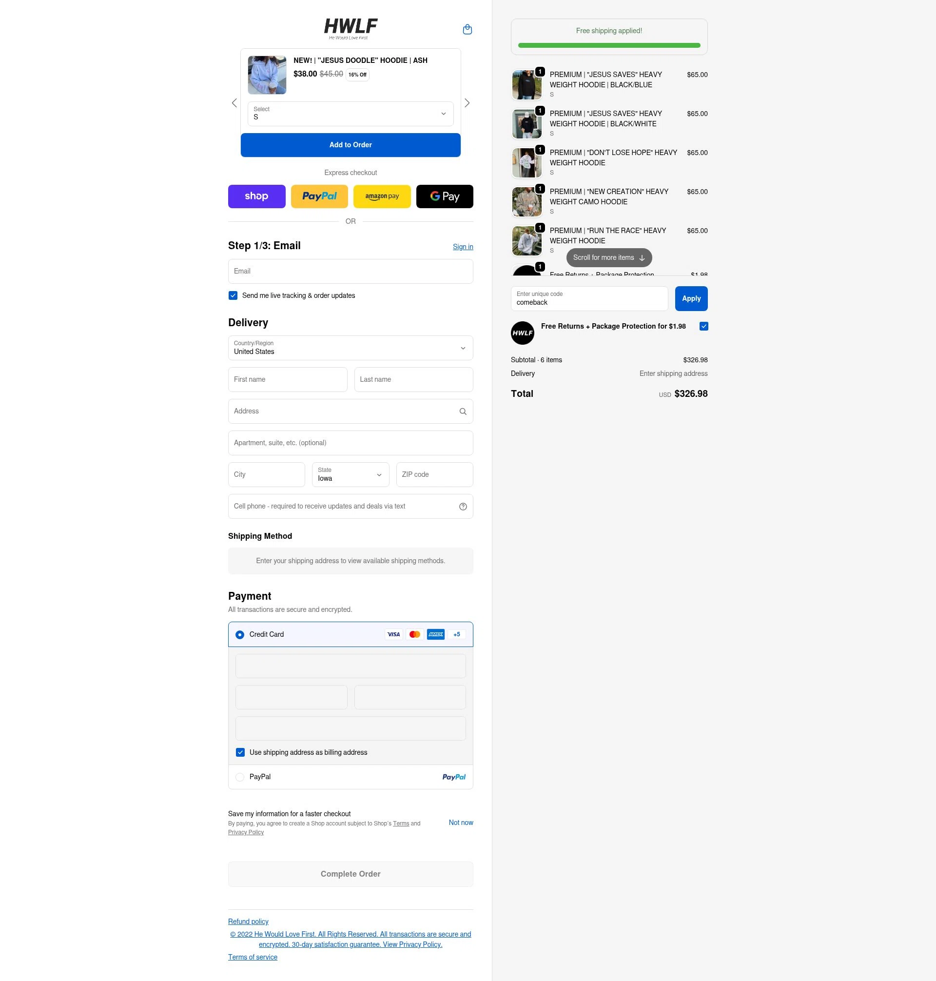 He Would Love First checkout page showing He Would Love First discount code box | Screenshot taken by SimplyCodes community member on Feb 17, 2026