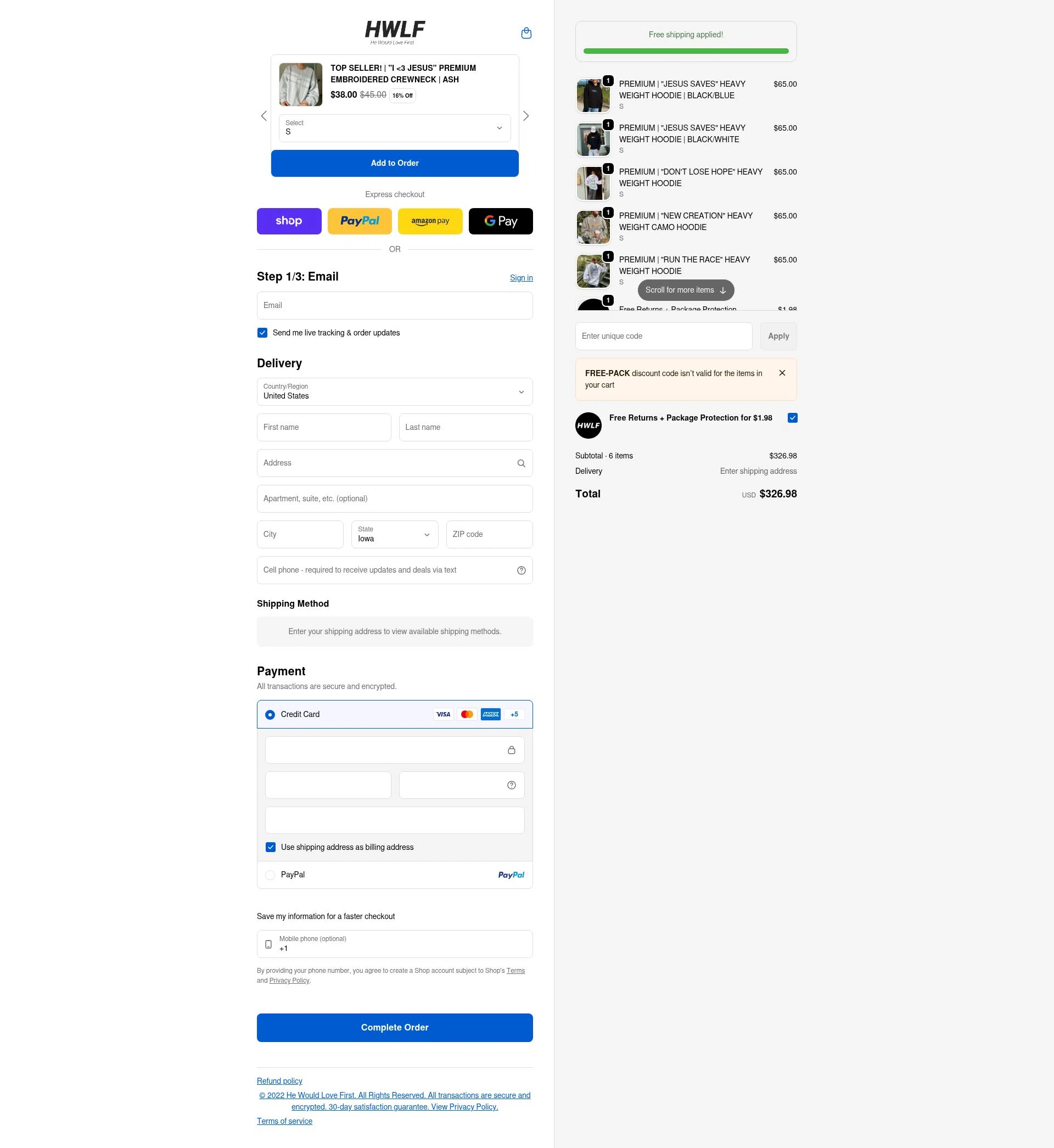 He Would Love First checkout page showing He Would Love First discount code box | Screenshot taken by SimplyCodes community member on Feb 18, 2026