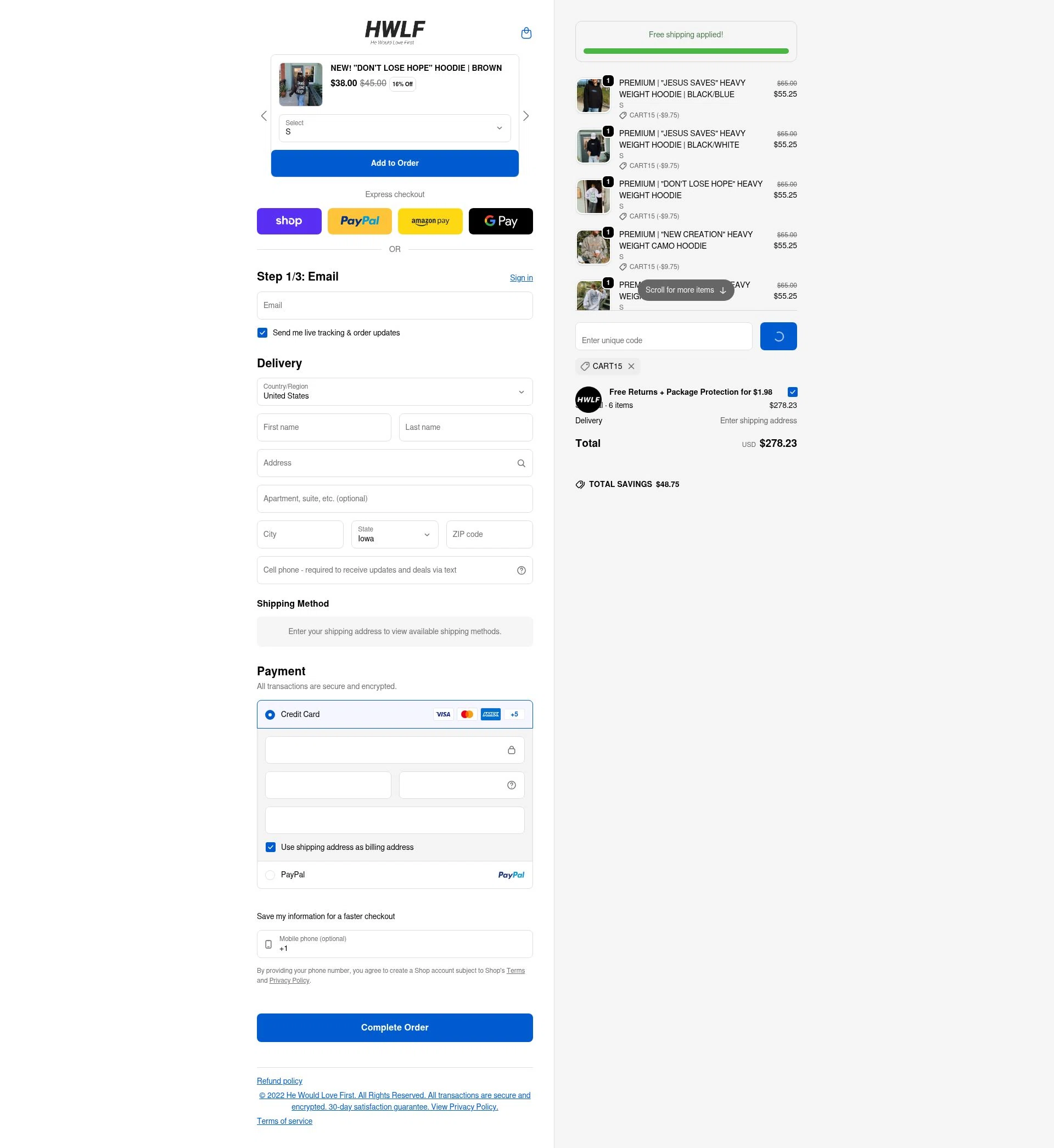 He Would Love First checkout page showing He Would Love First discount code box | Screenshot taken by SimplyCodes community member on Feb 18, 2026