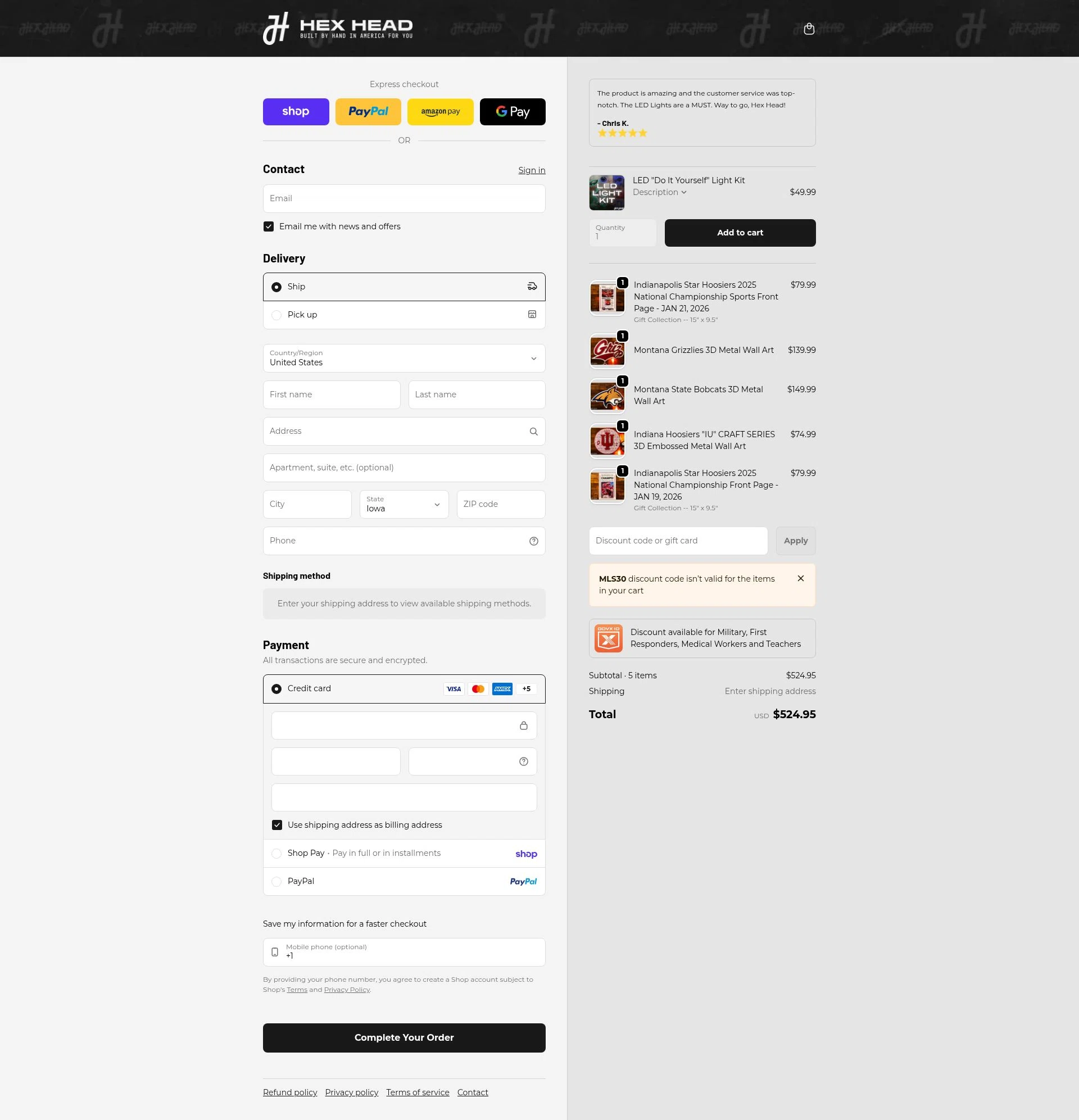Hex Head Art checkout page showing Hex Head Art discount code box | Screenshot taken by SimplyCodes community member on Feb 11, 2026