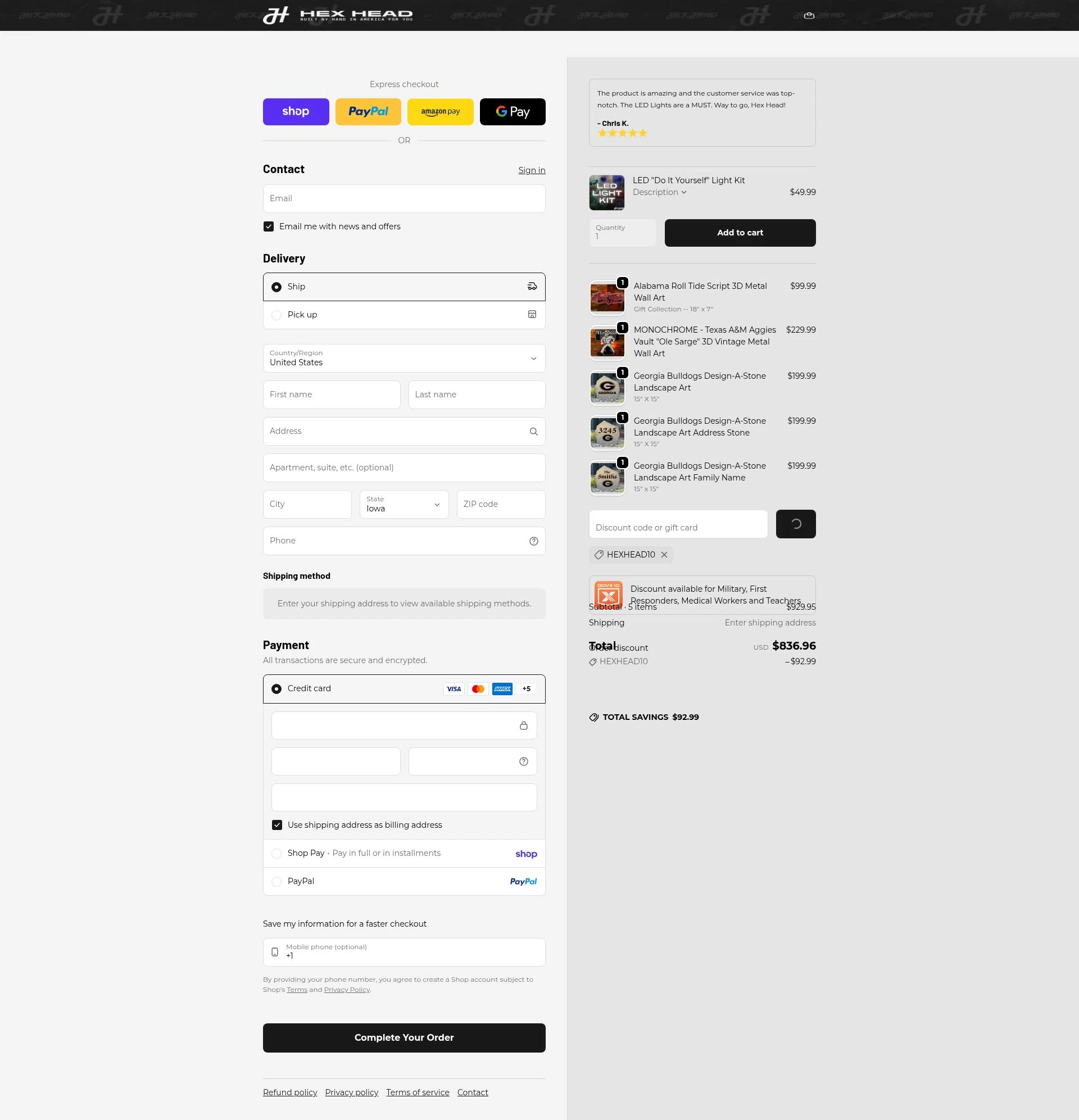 Hex Head Art checkout page showing Hex Head Art discount code box | Screenshot taken by SimplyCodes community member on Feb 6, 2026