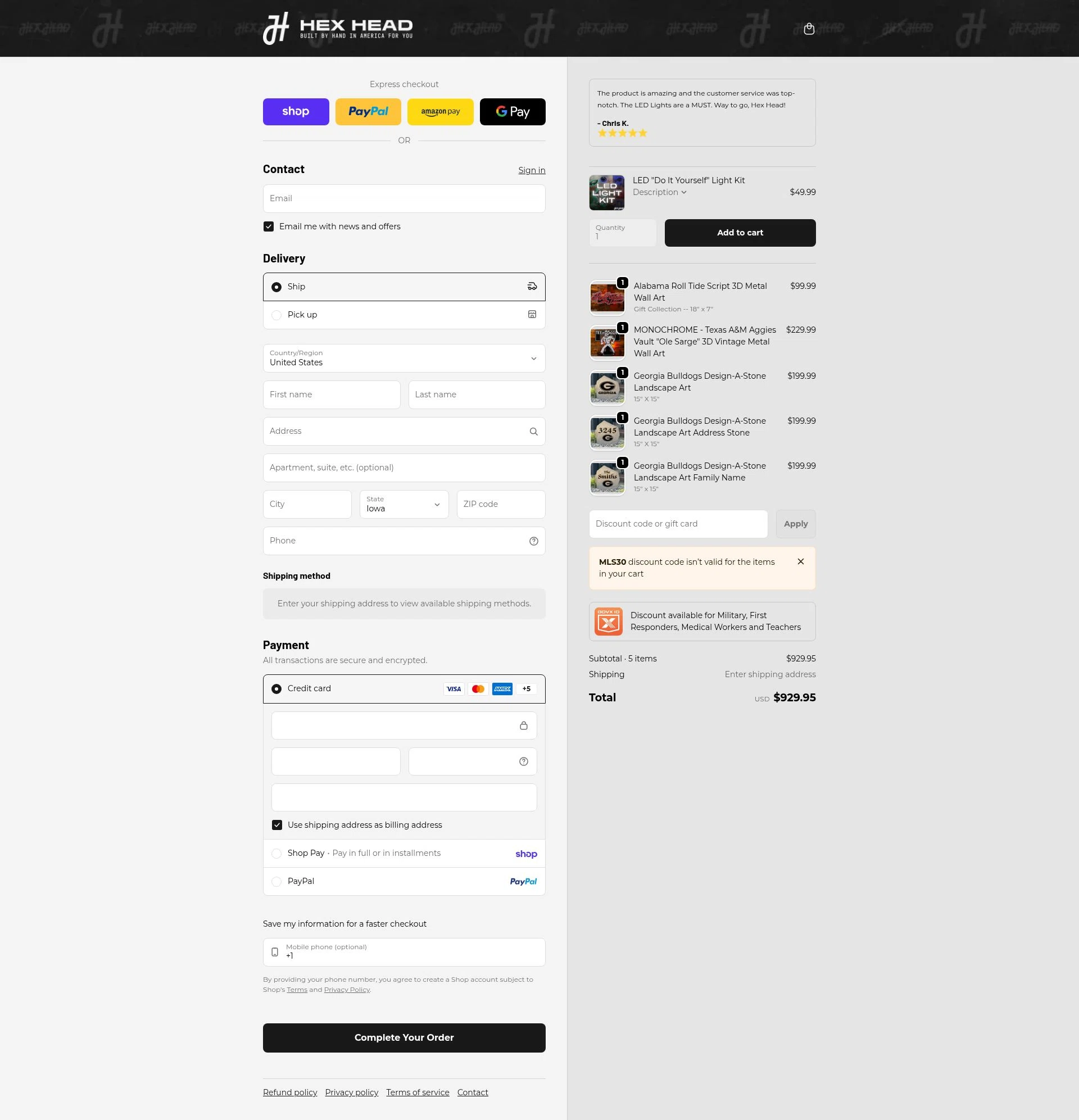 Hex Head Art checkout page showing Hex Head Art discount code box | Screenshot taken by SimplyCodes community member on Feb 6, 2026