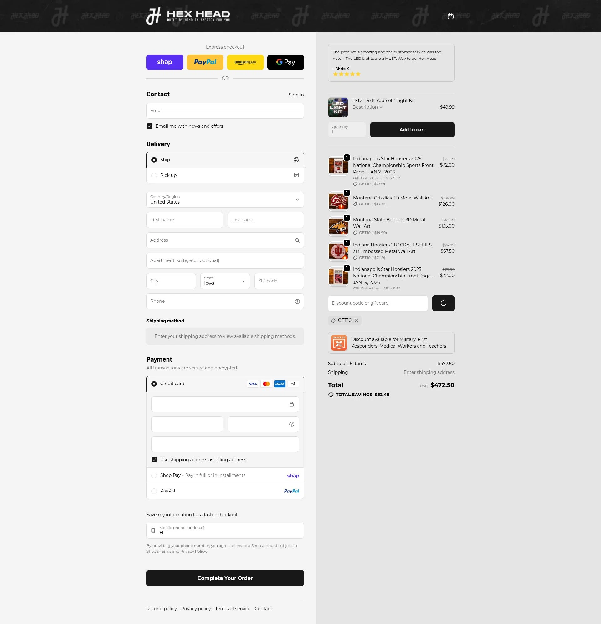 Hex Head Art checkout page showing Hex Head Art discount code box | Screenshot taken by SimplyCodes community member on Feb 10, 2026
