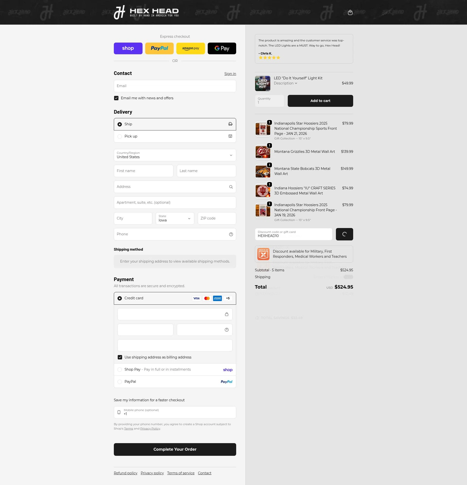 Hex Head Art checkout page showing Hex Head Art discount code box | Screenshot taken by SimplyCodes community member on Feb 10, 2026