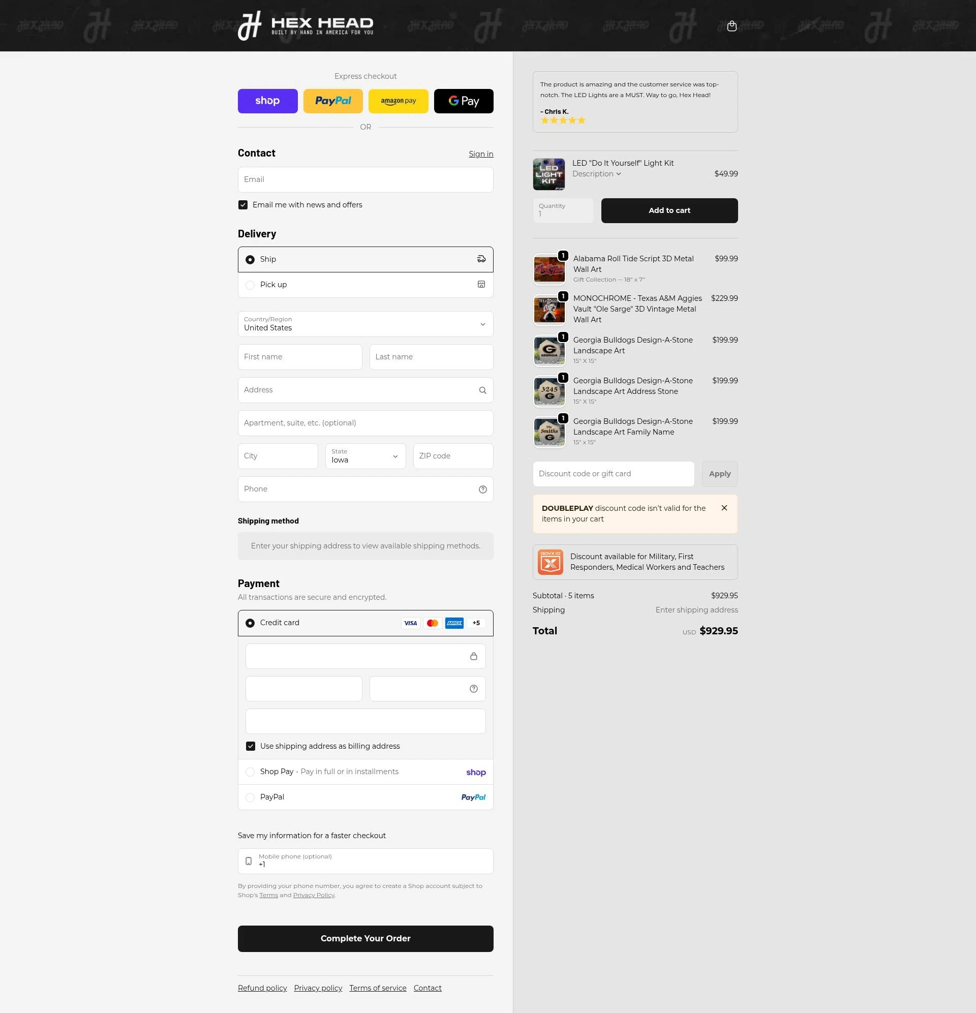 Hex Head Art checkout page showing Hex Head Art discount code box | Screenshot taken by SimplyCodes community member on Feb 6, 2026