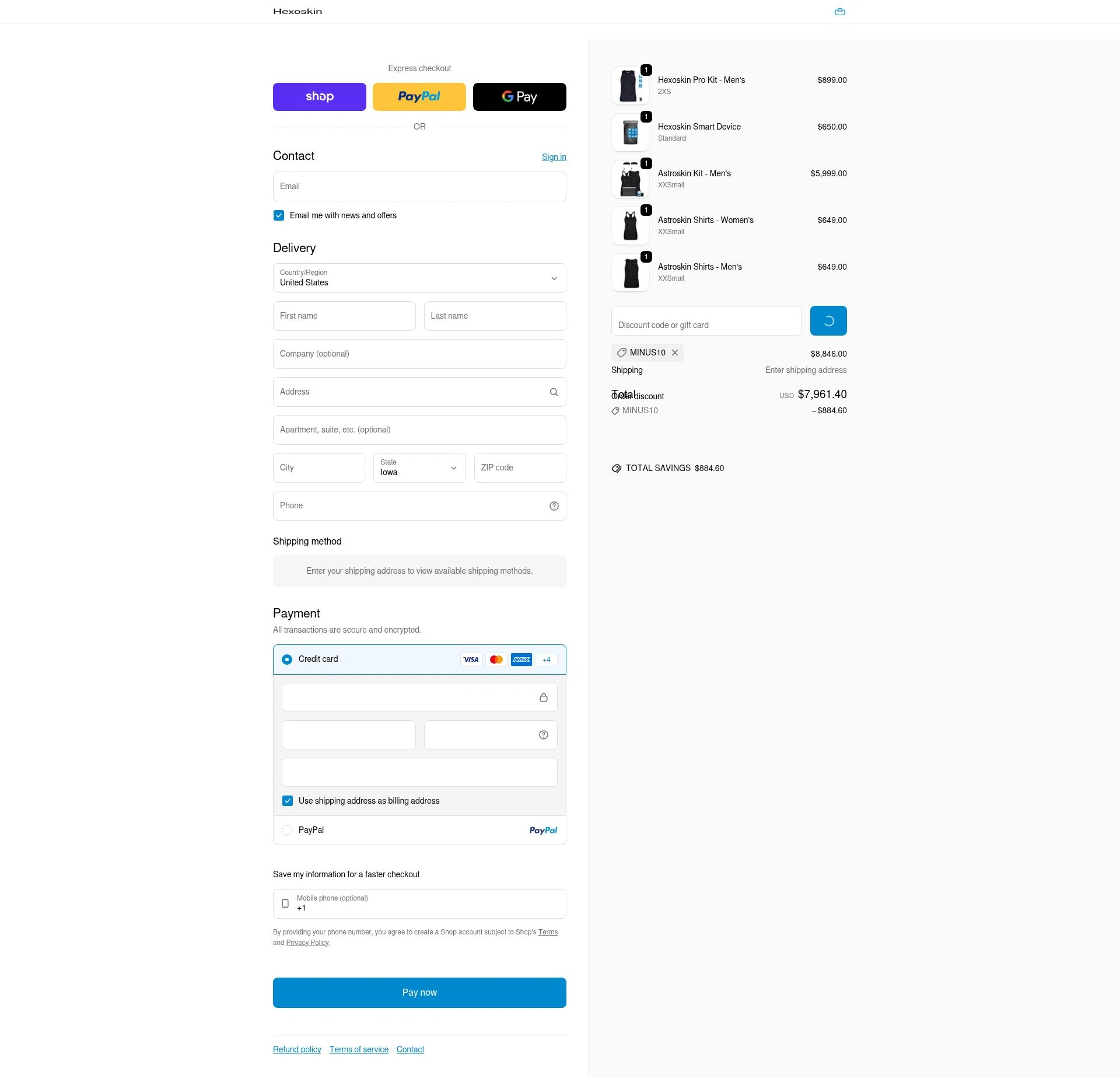 Hexo Skin checkout page showing Hexo Skin promo code box | Screenshot taken by SimplyCodes community member on Feb 8, 2026