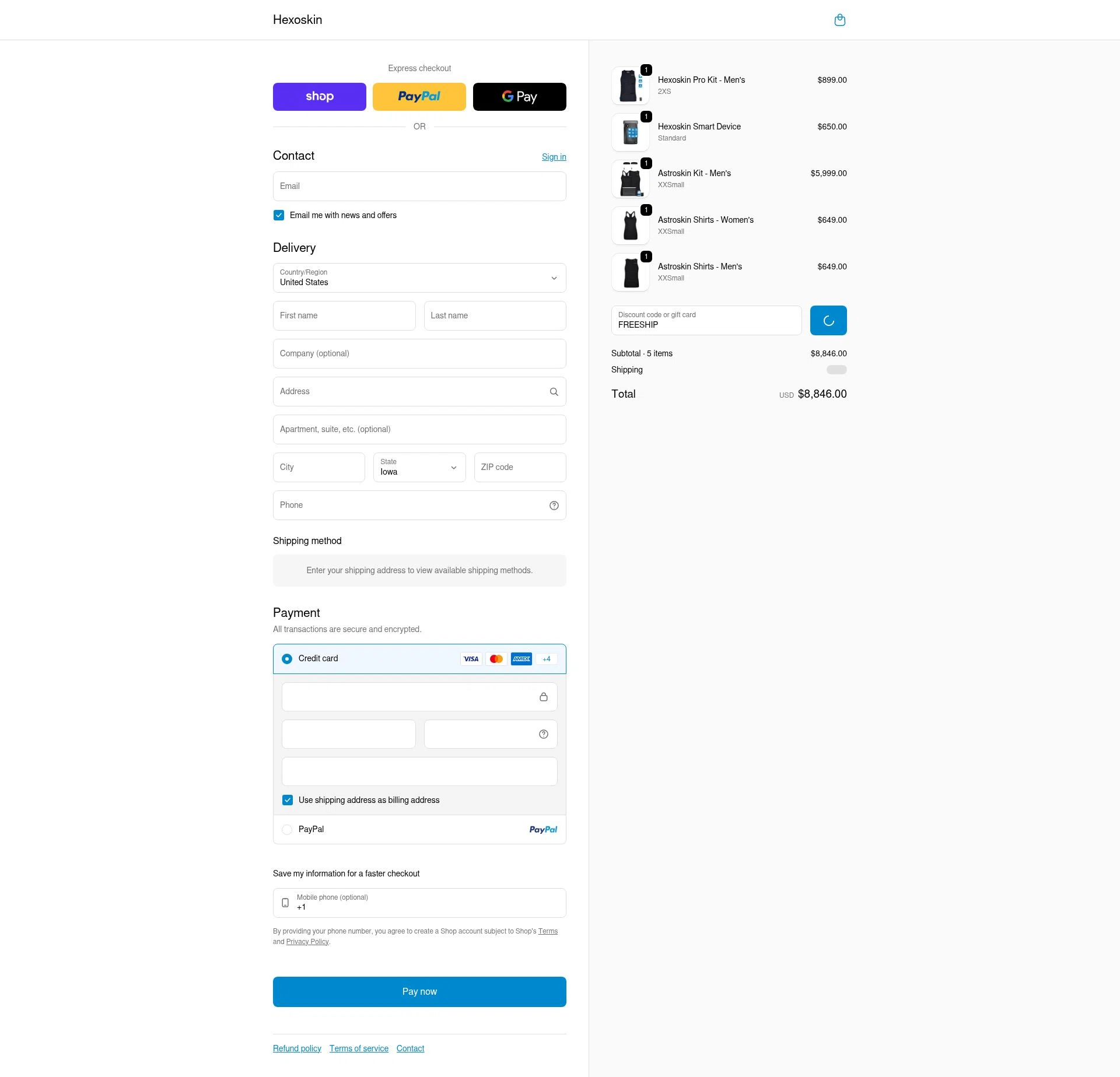 Hexo Skin checkout page showing Hexo Skin promo code box | Screenshot taken by SimplyCodes community member on Feb 13, 2026