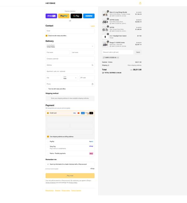Heybike checkout page showing Heybike discount code box | Screenshot taken by SimplyCodes community member on Aug 26, 2025