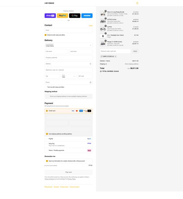 Heybike checkout page showing Heybike discount code box | Screenshot taken by SimplyCodes community member on Aug 16, 2025