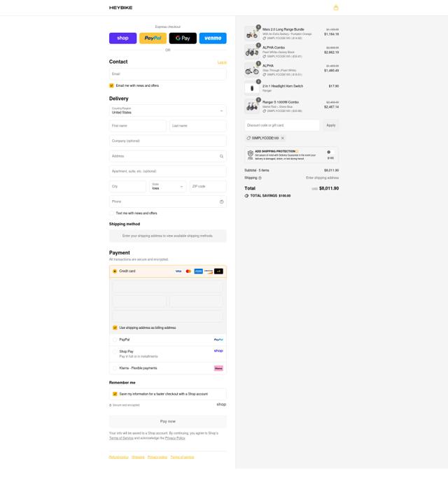 Heybike checkout page showing Heybike discount code box | Screenshot taken by SimplyCodes community member on Aug 30, 2025