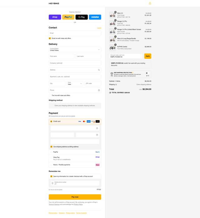 Heybike checkout page showing Heybike discount code box | Screenshot taken by SimplyCodes community member on Sep 8, 2025