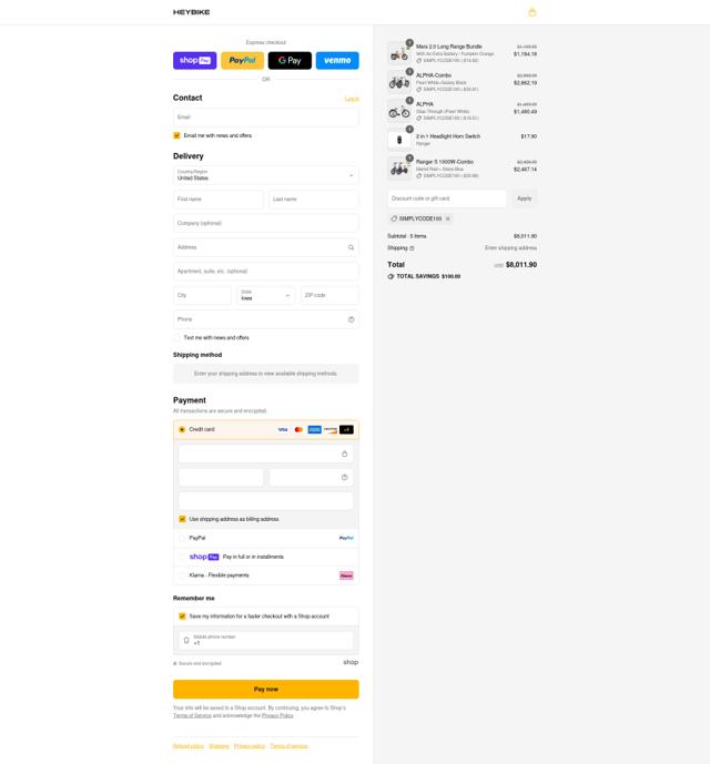 Heybike checkout page showing Heybike discount code box | Screenshot taken by SimplyCodes community member on Aug 12, 2025