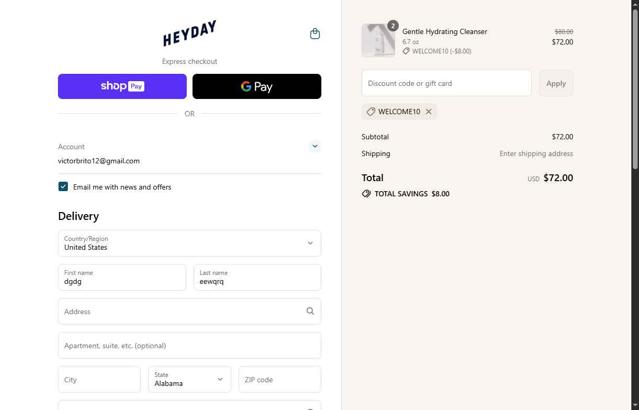Heyday Skincare checkout page showing Heyday Skincare promo code box | Screenshot taken by SimplyCodes community member on Jul 4, 2025