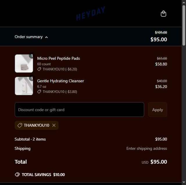 Heyday Skincare checkout page showing Heyday Skincare promo code box | Screenshot taken by SimplyCodes community member on May 21, 2025
