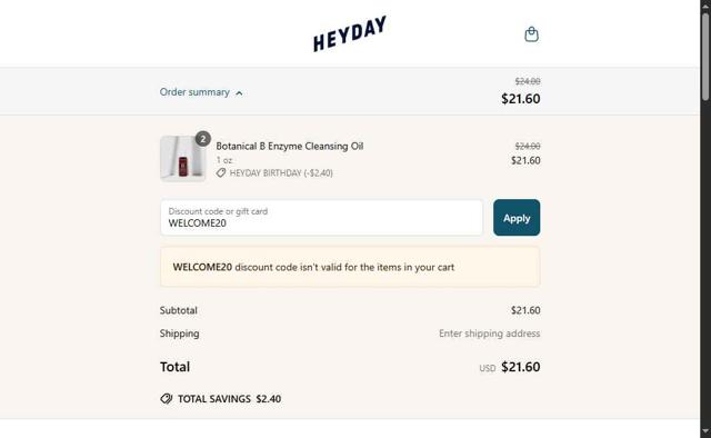 Heyday Skincare checkout page showing Heyday Skincare promo code box | Screenshot taken by SimplyCodes community member on Jun 24, 2025