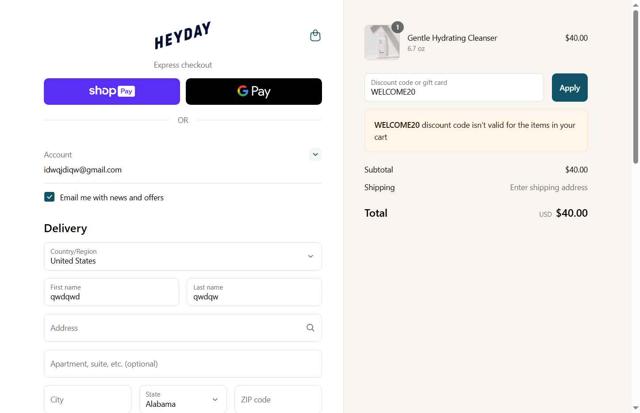Heyday Skincare checkout page showing Heyday Skincare promo code box | Screenshot taken by SimplyCodes community member on Jul 4, 2025