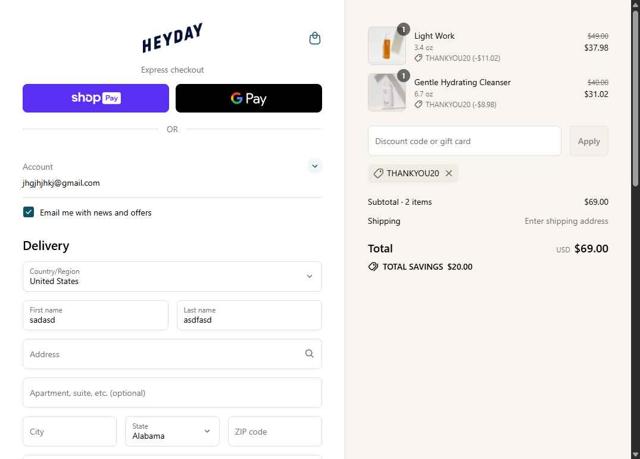 Heyday Skincare checkout page showing Heyday Skincare promo code box | Screenshot taken by SimplyCodes community member on Jul 4, 2025