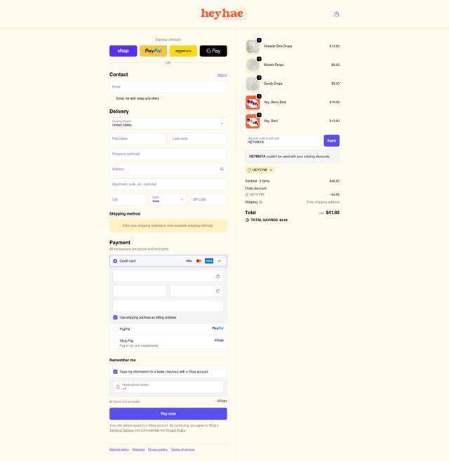 Heyhae checkout page showing Heyhae discount code box | Screenshot taken by SimplyCodes community member on Sep 25, 2025