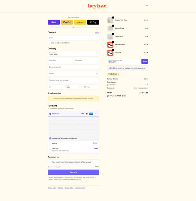 Heyhae checkout page showing Heyhae discount code box | Screenshot taken by SimplyCodes community member on Sep 25, 2025