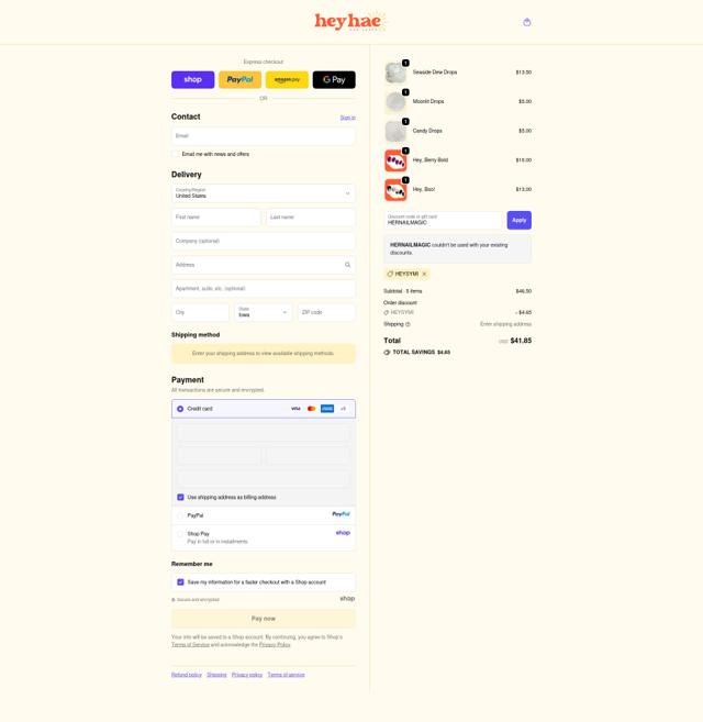 Heyhae checkout page showing Heyhae discount code box | Screenshot taken by SimplyCodes community member on Sep 25, 2025