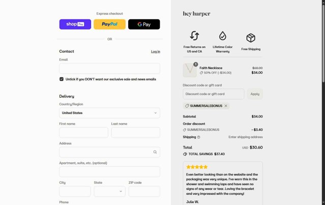 Hey Harper checkout page showing Hey Harper discount code box | Screenshot taken by SimplyCodes community member on Jul 30, 2025