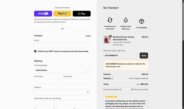 Hey Harper checkout page showing Hey Harper discount code box | Screenshot taken by SimplyCodes community member on Aug 14, 2025