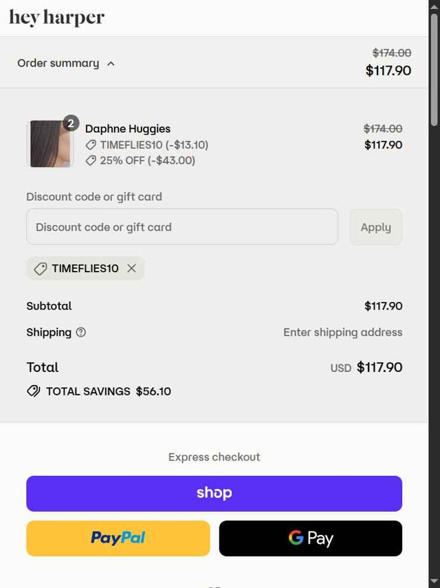 Hey Harper checkout page showing Hey Harper discount code box | Screenshot taken by SimplyCodes community member on Aug 31, 2025