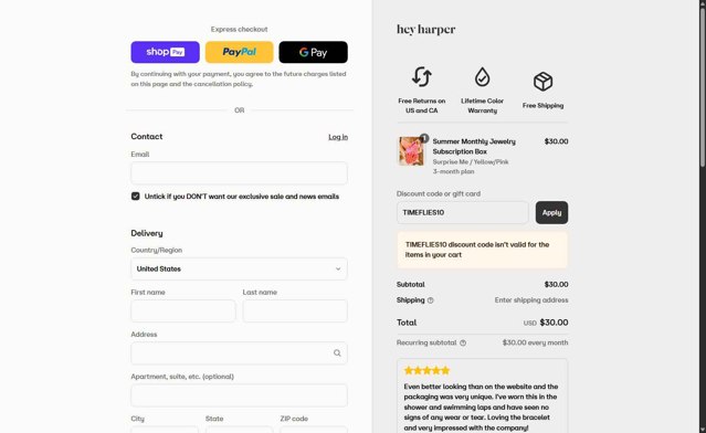 Hey Harper checkout page showing Hey Harper discount code box | Screenshot taken by SimplyCodes community member on Aug 25, 2025