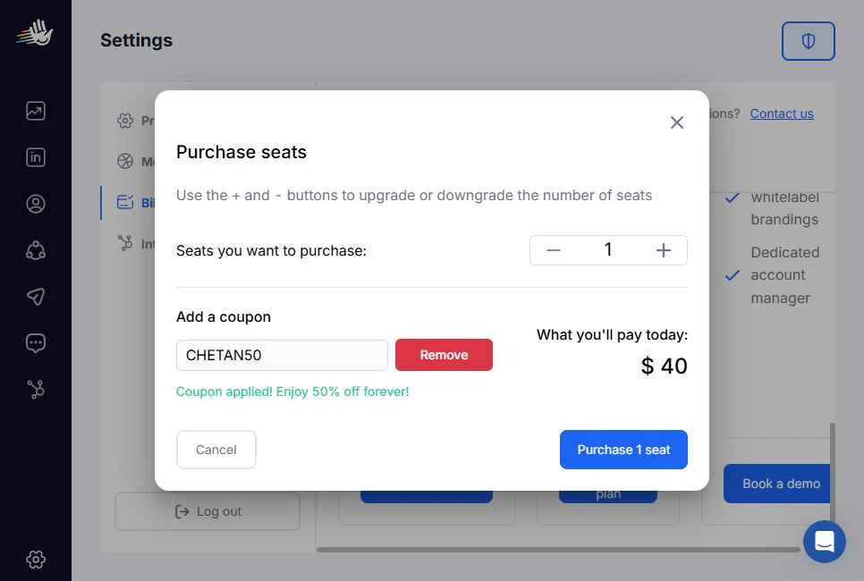 HeyReach checkout page showing HeyReach coupon code box | Screenshot taken by SimplyCodes community member on Jul 14, 2025