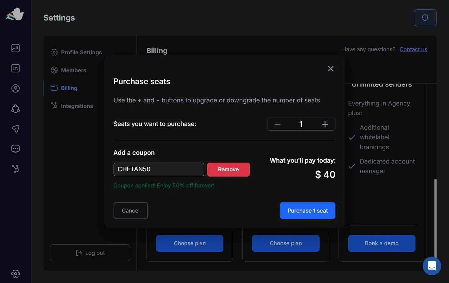 HeyReach checkout page showing HeyReach coupon code box | Screenshot taken by SimplyCodes community member on Jul 24, 2025