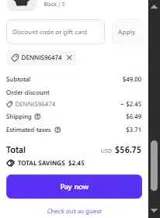 DENNIS96474 coupon verification screenshot