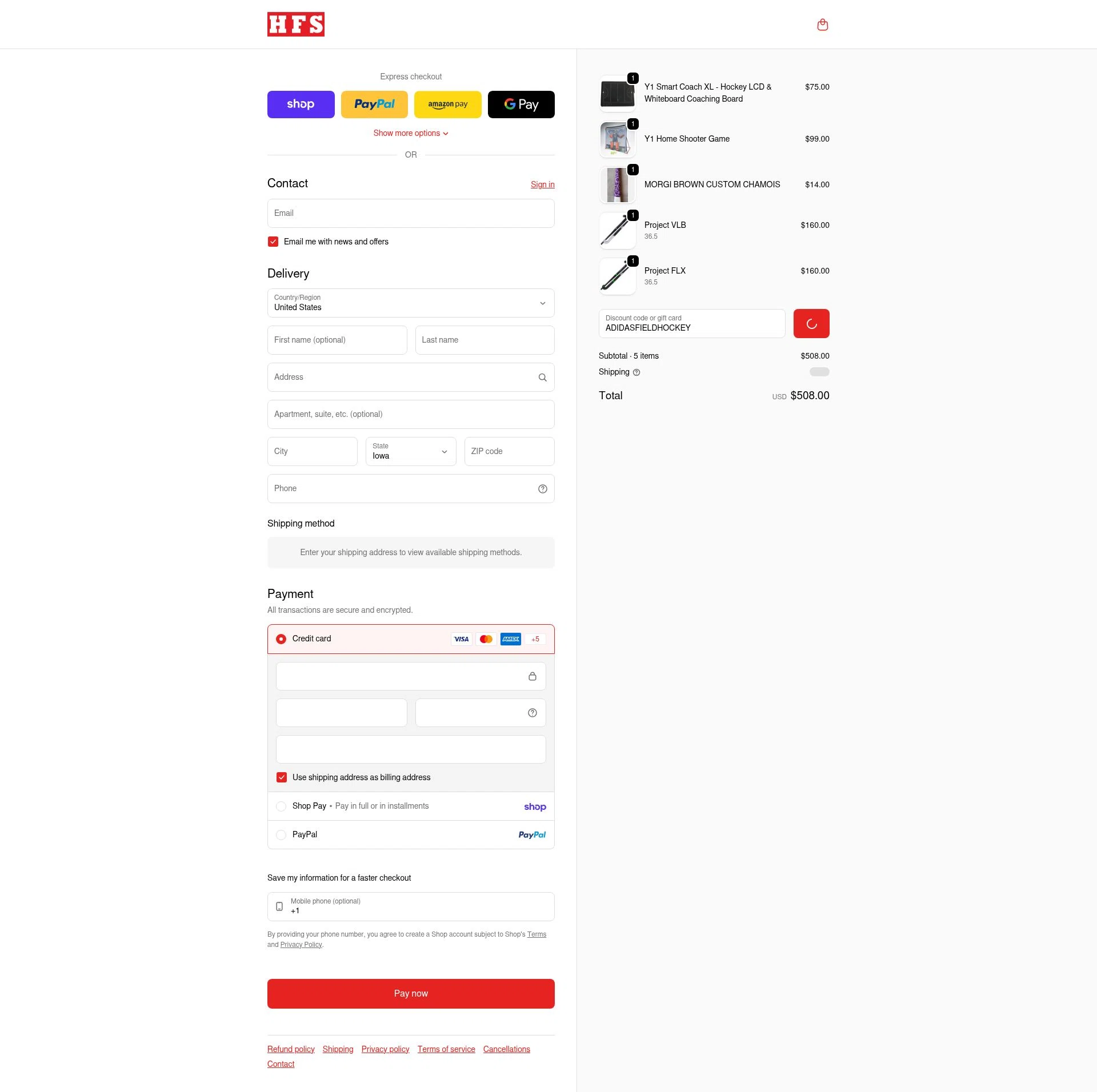 HFS Sport checkout page showing HFS Sport discount code box | Screenshot taken by SimplyCodes community member on Feb 7, 2026