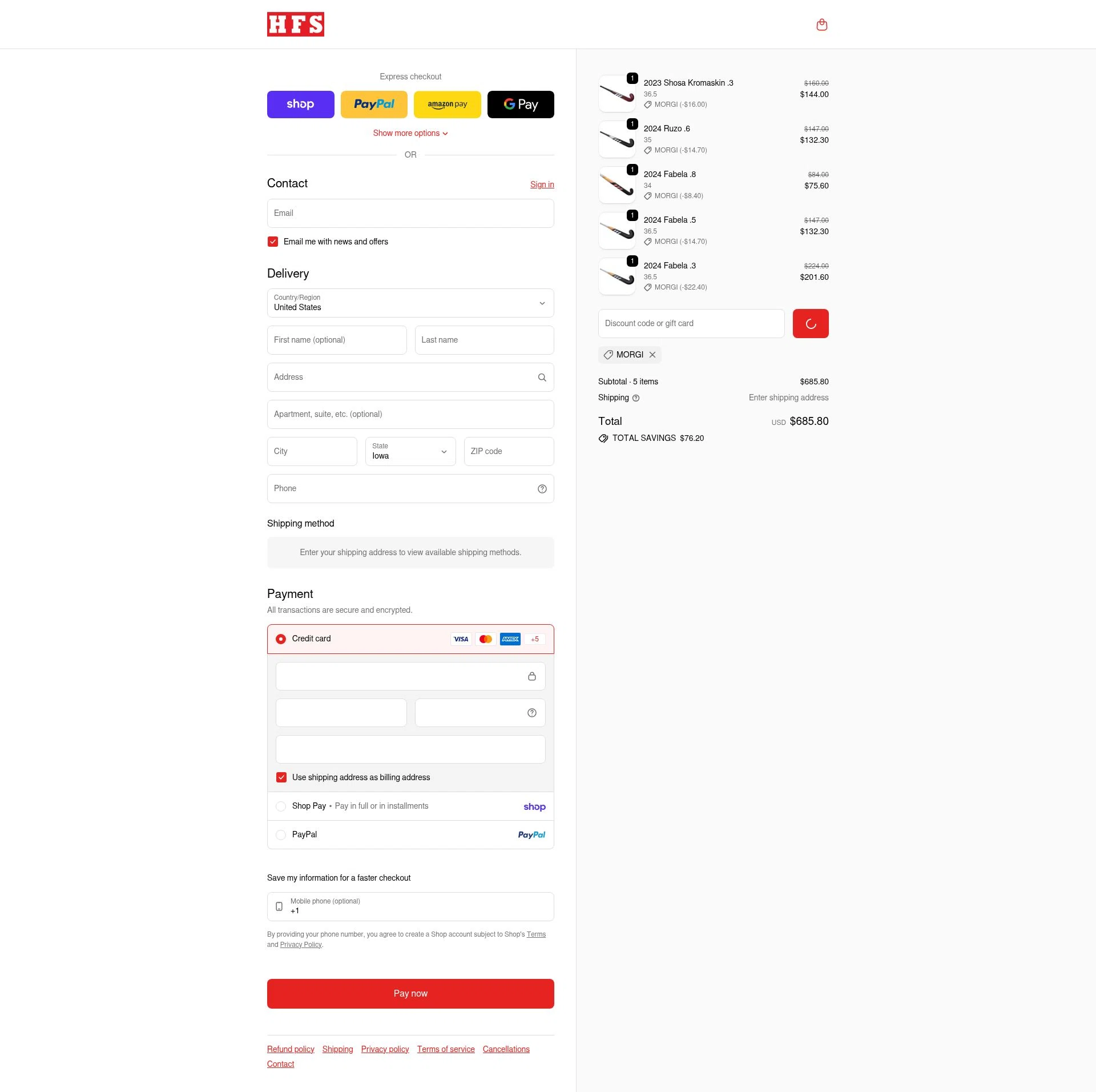 HFS Sport checkout page showing HFS Sport discount code box | Screenshot taken by SimplyCodes community member on Feb 20, 2026