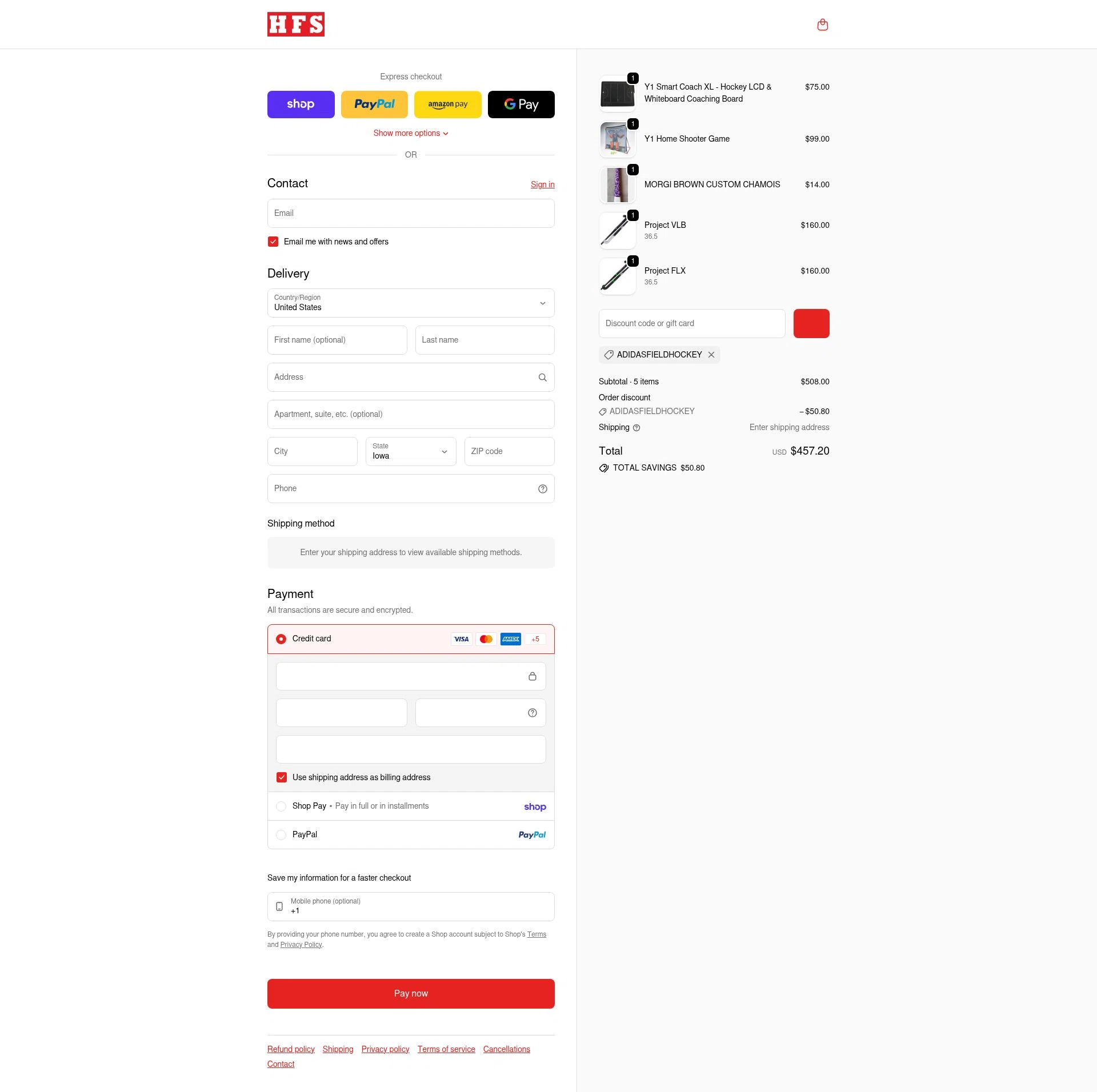 HFS Sport checkout page showing HFS Sport discount code box | Screenshot taken by SimplyCodes community member on Feb 15, 2026