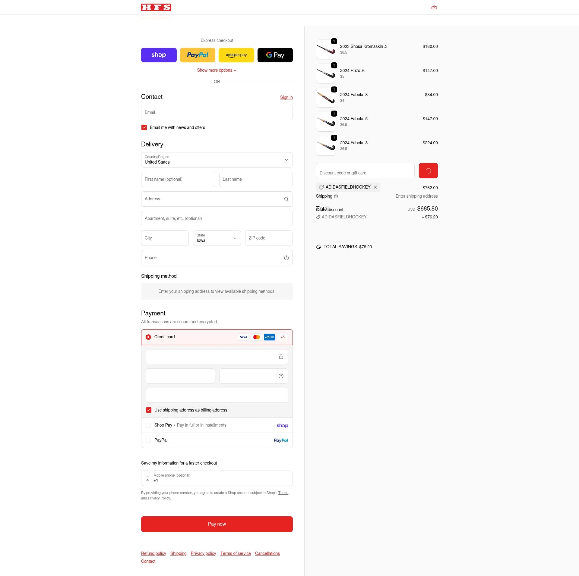 HFS Sport checkout page showing HFS Sport discount code box | Screenshot taken by SimplyCodes community member on Feb 20, 2026