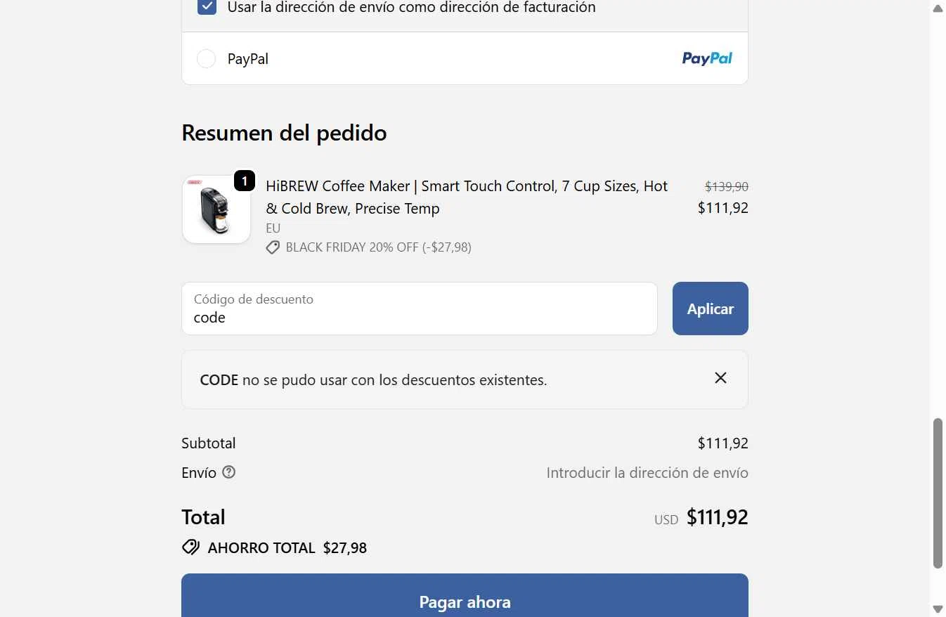 HiBREW checkout page showing HiBREW discount code box | Screenshot taken by SimplyCodes community member on Nov 28, 2025
